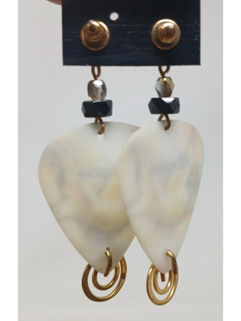 Clayton Guitar Pick Earrings Dove GoldTone Swirls Black Beads Handmade #J1-P